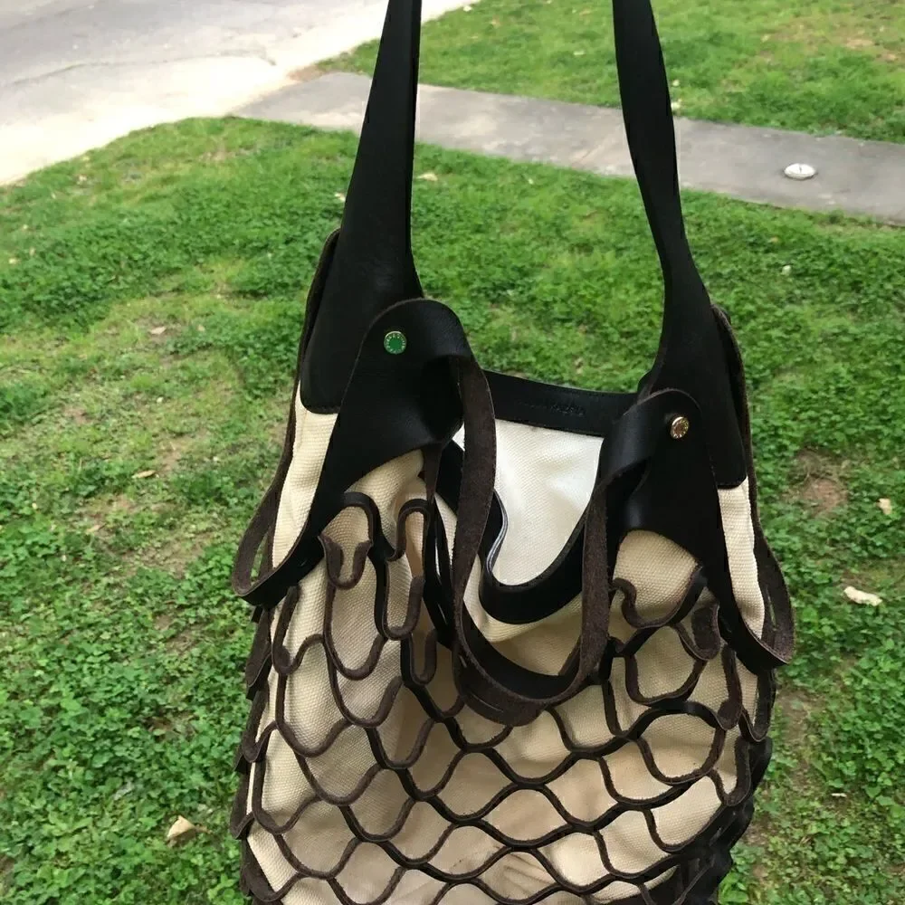 BCBG MAX AZRIA New Leather/ Linen-Fishnet Tote